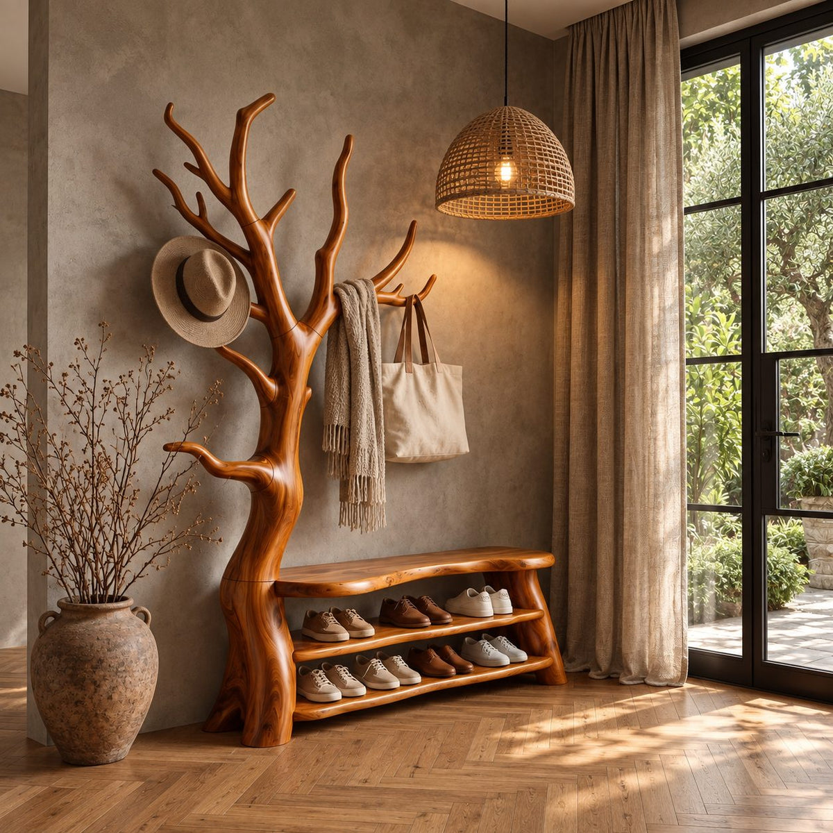 Branching Tree Coat Rack with Shoe Bench, Solid Wood Entryway Hall Tree with Two Open Shoe Shelves