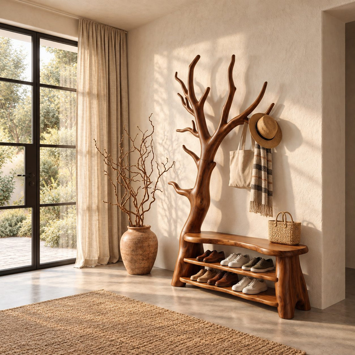 Branching Tree Coat Rack with Shoe Bench, Solid Wood Entryway Hall Tree with Two Open Shoe Shelves