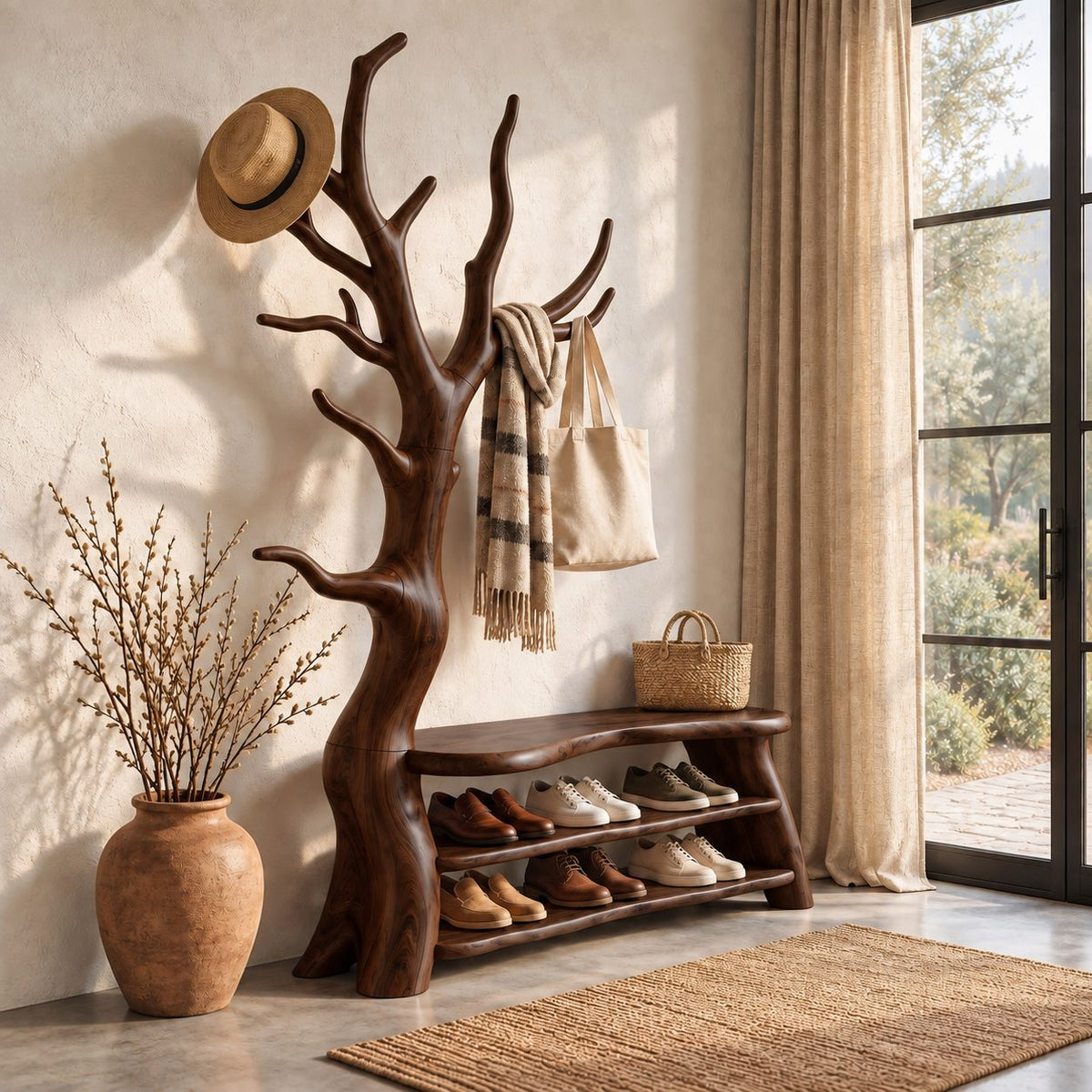 Branching Tree Coat Rack with Shoe Bench, Solid Wood Entryway Hall Tree with Two Open Shoe Shelves