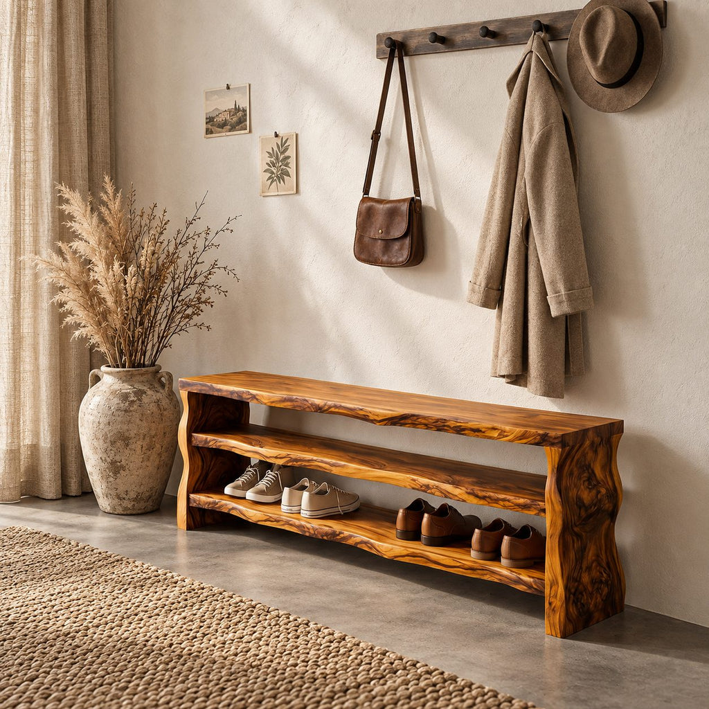 Slab End Live Edge Shoe Bench, Solid Wood Entryway Bench with Two Open Shoe Shelves