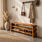 Slab End Live Edge Shoe Bench, Solid Wood Entryway Bench with Two Open Shoe Shelves