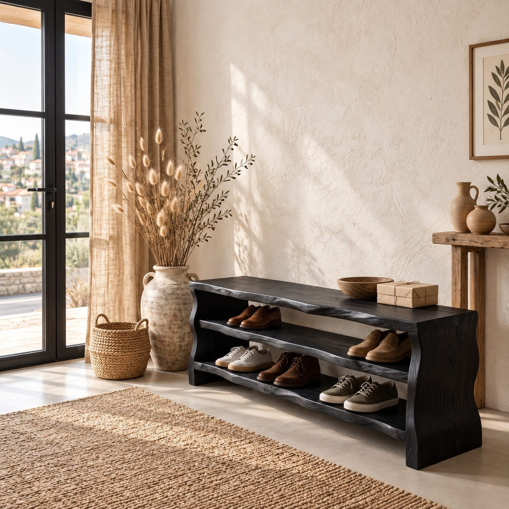 Slab End Live Edge Shoe Bench, Solid Wood Entryway Bench with Two Open Shoe Shelves