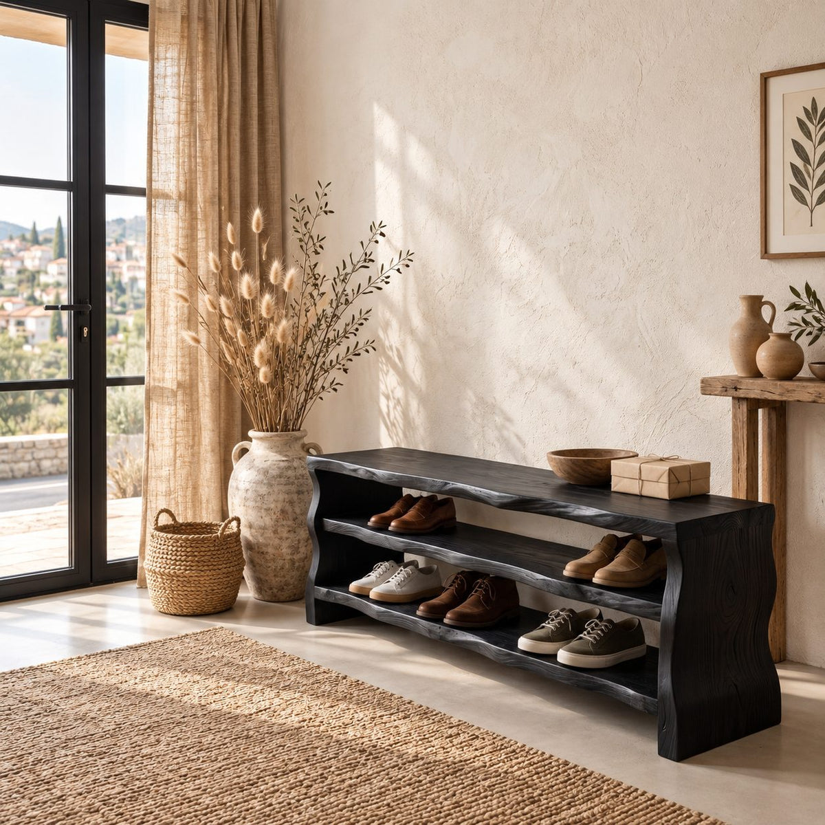 Slab End Live Edge Shoe Bench, Solid Wood Entryway Bench with Two Open Shoe Shelves