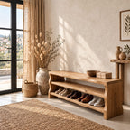 Slab End Live Edge Shoe Bench, Solid Wood Entryway Bench with Two Open Shoe Shelves