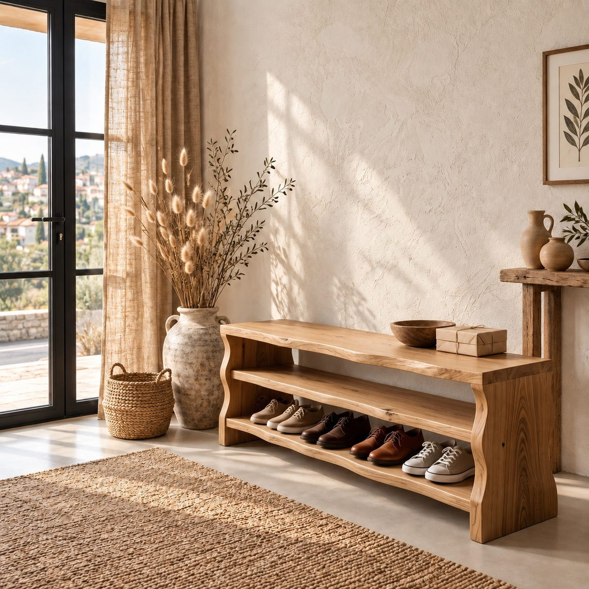 Slab End Live Edge Shoe Bench, Solid Wood Entryway Bench with Two Open Shoe Shelves