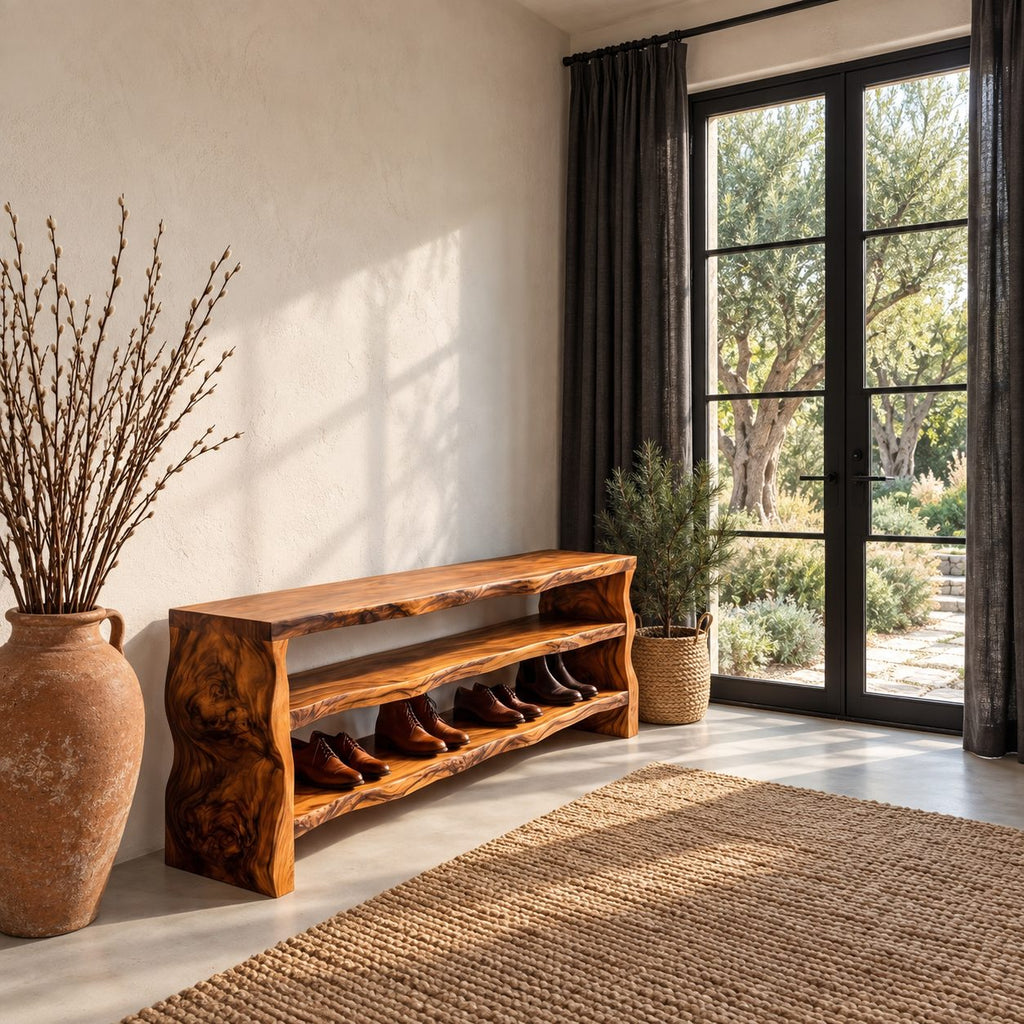 Slab End Live Edge Shoe Bench, Solid Wood Entryway Bench with Two Open Shoe Shelves