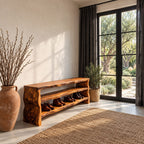 Slab End Live Edge Shoe Bench, Solid Wood Entryway Bench with Two Open Shoe Shelves