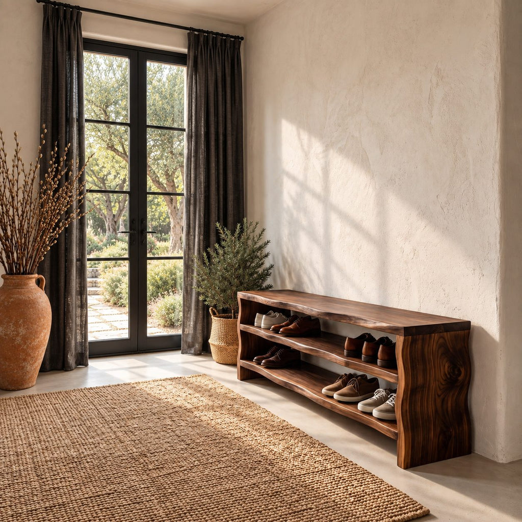 Slab End Live Edge Shoe Bench, Solid Wood Entryway Bench with Two Open Shoe Shelves