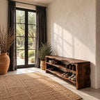 Slab End Live Edge Shoe Bench, Solid Wood Entryway Bench with Two Open Shoe Shelves