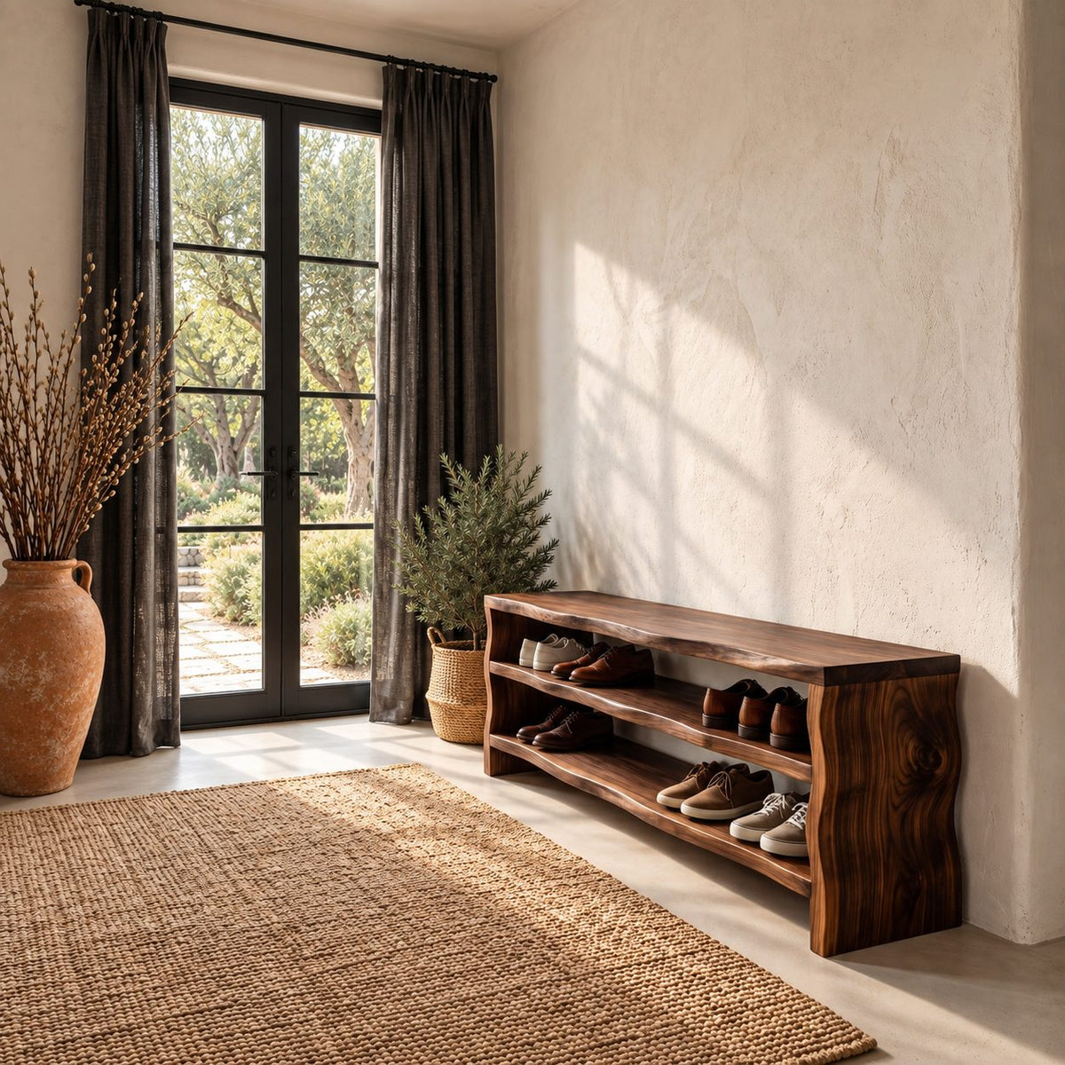 Slab End Live Edge Shoe Bench, Solid Wood Entryway Bench with Two Open Shoe Shelves