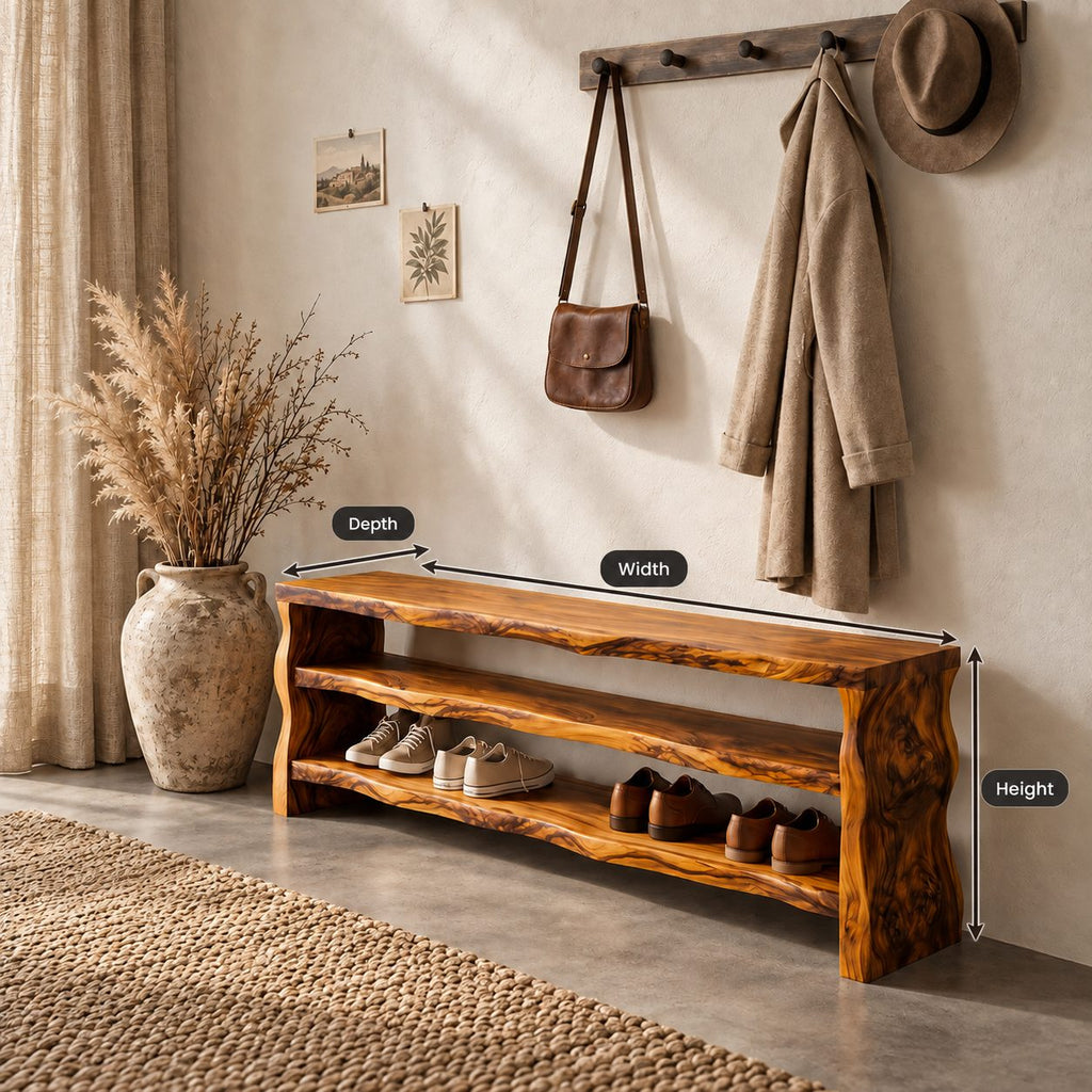 Slab End Live Edge Shoe Bench, Solid Wood Entryway Bench with Two Open Shoe Shelves