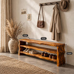 Slab End Live Edge Shoe Bench, Solid Wood Entryway Bench with Two Open Shoe Shelves