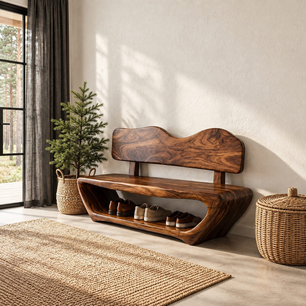 Wavy Backrest Shoe Bench, Sculpted Solid Wood Entryway Bench with Open Shoe Tunnel Base