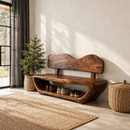 Wavy Backrest Shoe Bench, Sculpted Solid Wood Entryway Bench with Open Shoe Tunnel Base