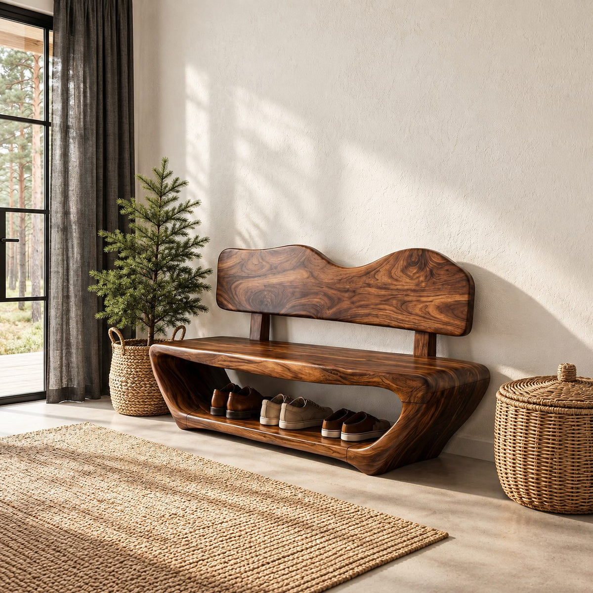 Wavy Backrest Shoe Bench, Sculpted Solid Wood Entryway Bench with Open Shoe Tunnel Base