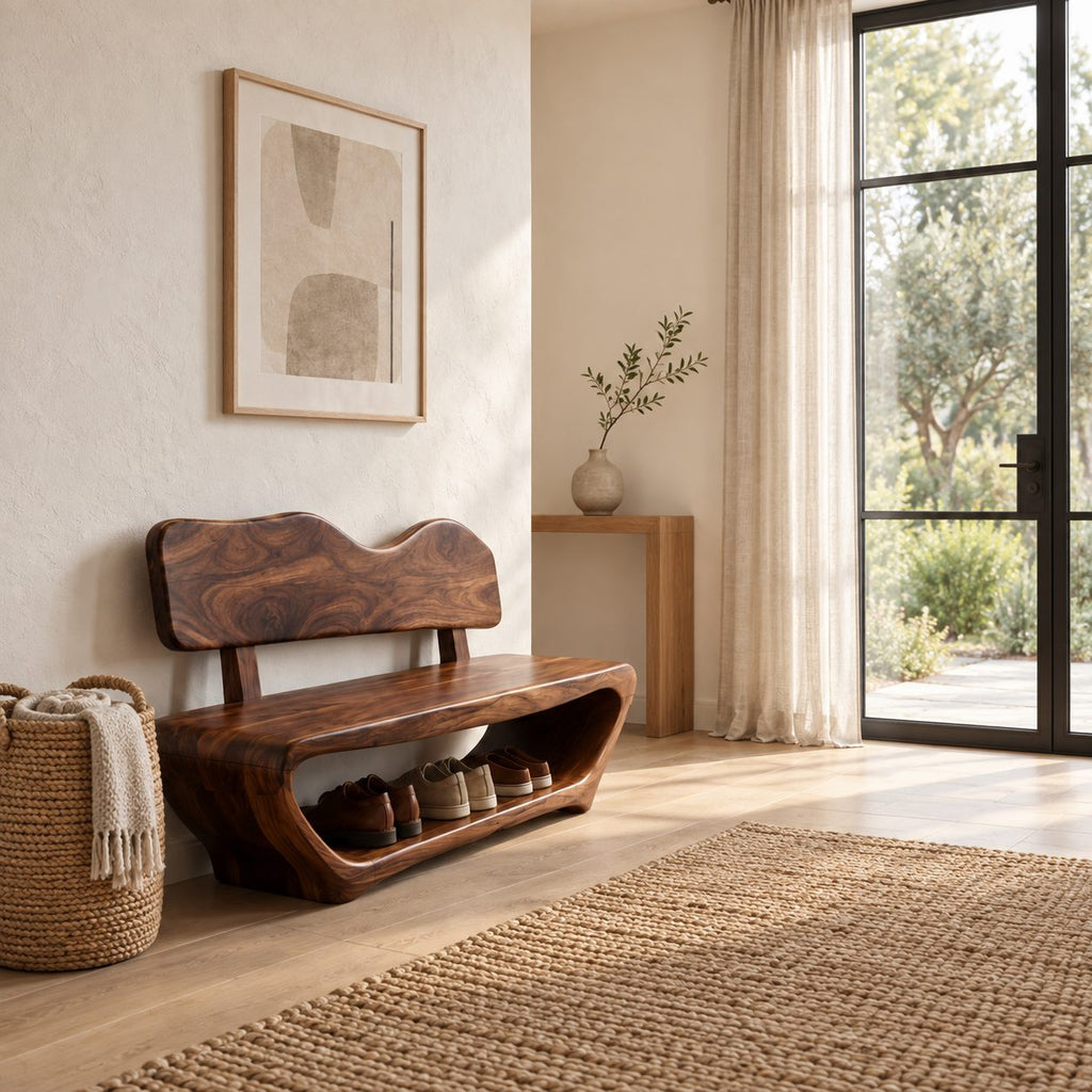 Wavy Backrest Shoe Bench, Sculpted Solid Wood Entryway Bench with Open Shoe Tunnel Base