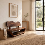 Wavy Backrest Shoe Bench, Sculpted Solid Wood Entryway Bench with Open Shoe Tunnel Base