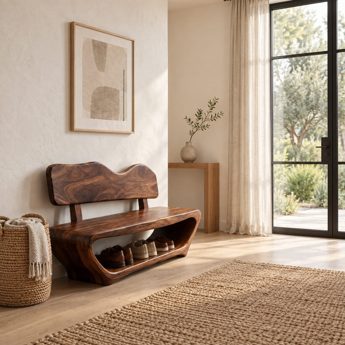 Wavy Backrest Shoe Bench, Sculpted Solid Wood Entryway Bench with Open Shoe Tunnel Base