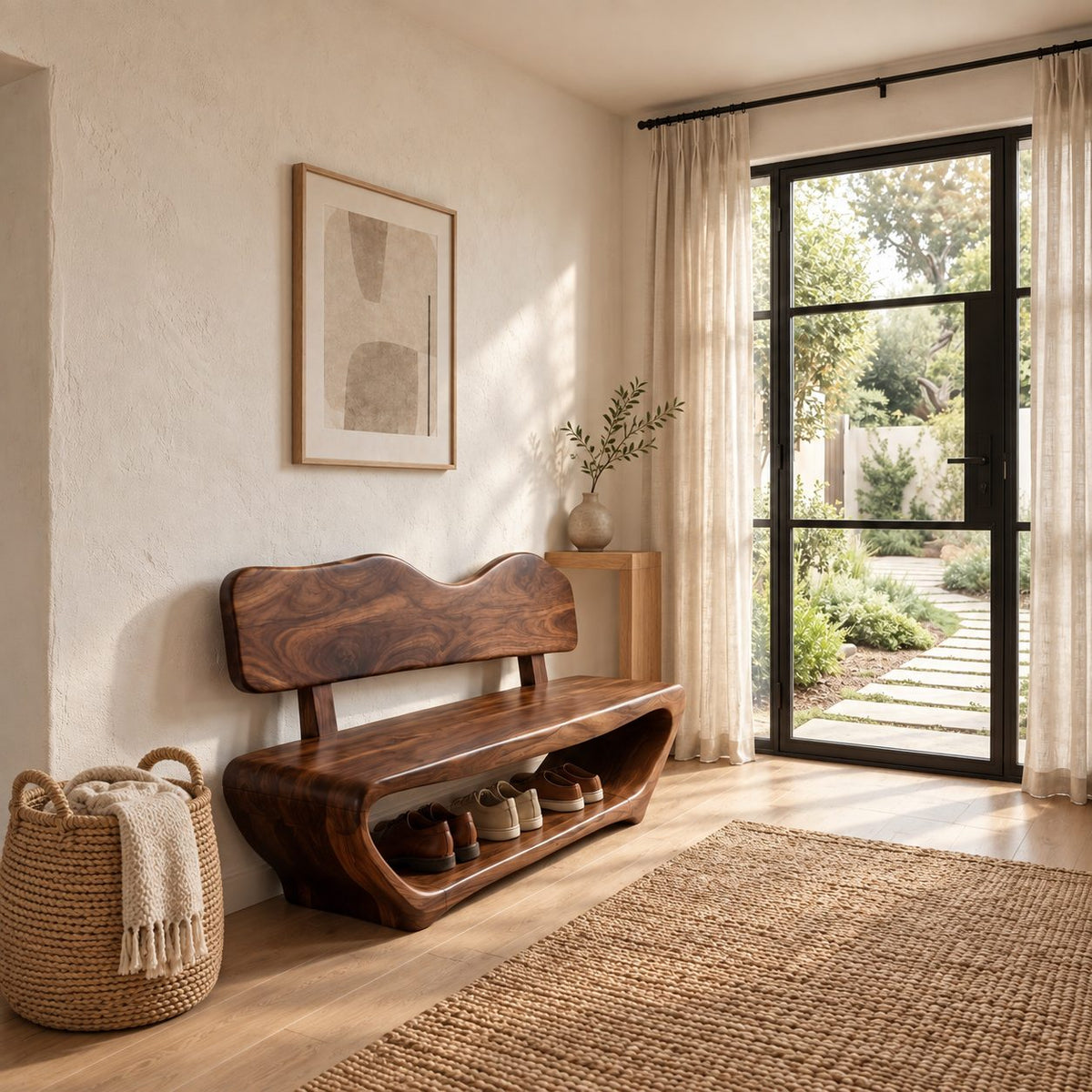 Wavy Backrest Shoe Bench, Sculpted Solid Wood Entryway Bench with Open Shoe Tunnel Base