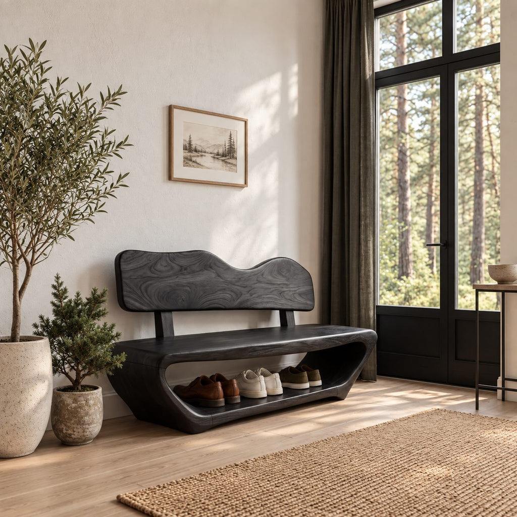 Wavy Backrest Shoe Bench, Sculpted Solid Wood Entryway Bench with Open Shoe Tunnel Base