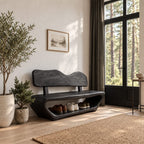Wavy Backrest Shoe Bench, Sculpted Solid Wood Entryway Bench with Open Shoe Tunnel Base