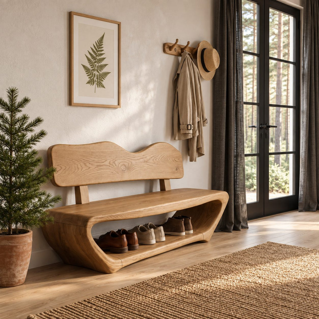 Wavy Backrest Shoe Bench, Sculpted Solid Wood Entryway Bench with Open Shoe Tunnel Base