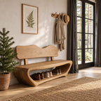 Wavy Backrest Shoe Bench, Sculpted Solid Wood Entryway Bench with Open Shoe Tunnel Base