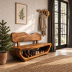 Wavy Backrest Shoe Bench, Sculpted Solid Wood Entryway Bench with Open Shoe Tunnel Base