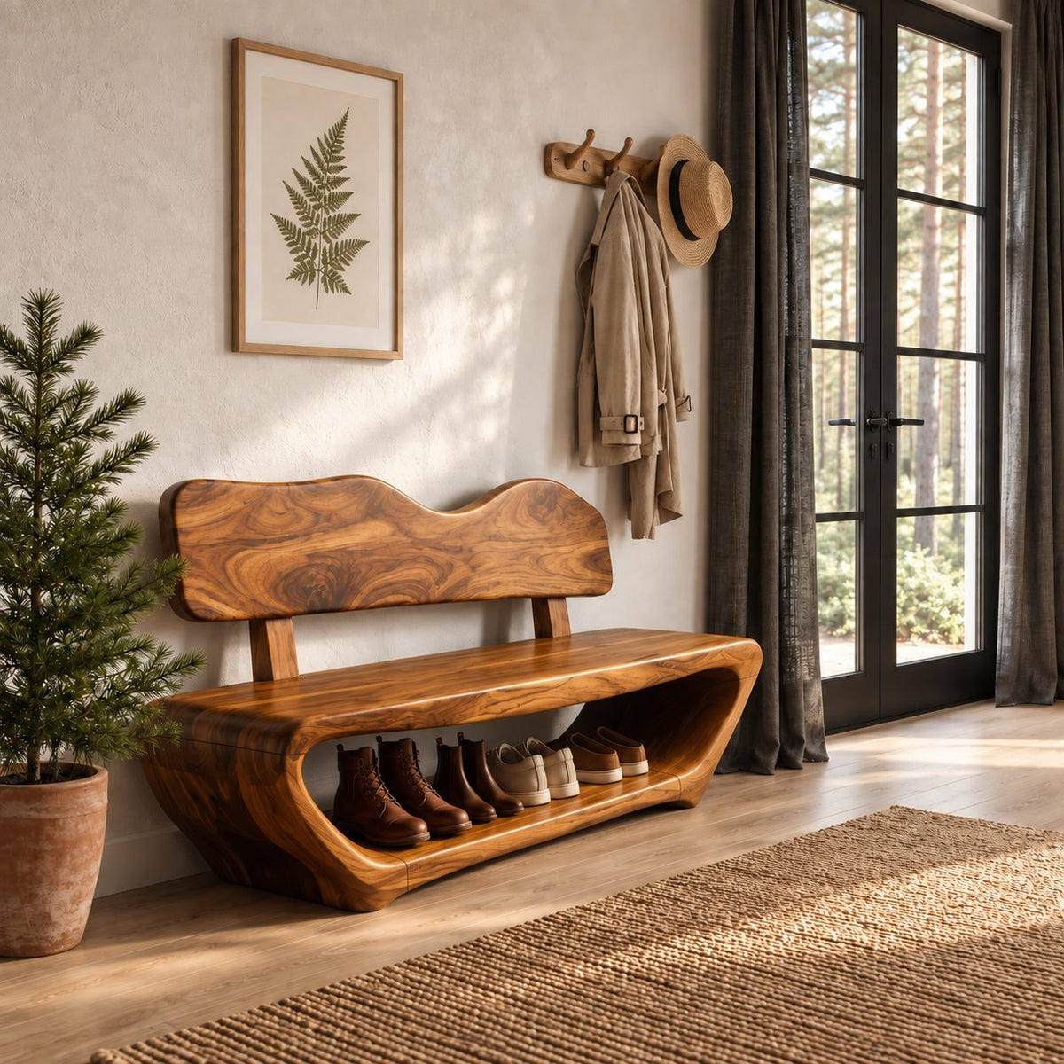 Wavy Backrest Shoe Bench, Sculpted Solid Wood Entryway Bench with Open Shoe Tunnel Base