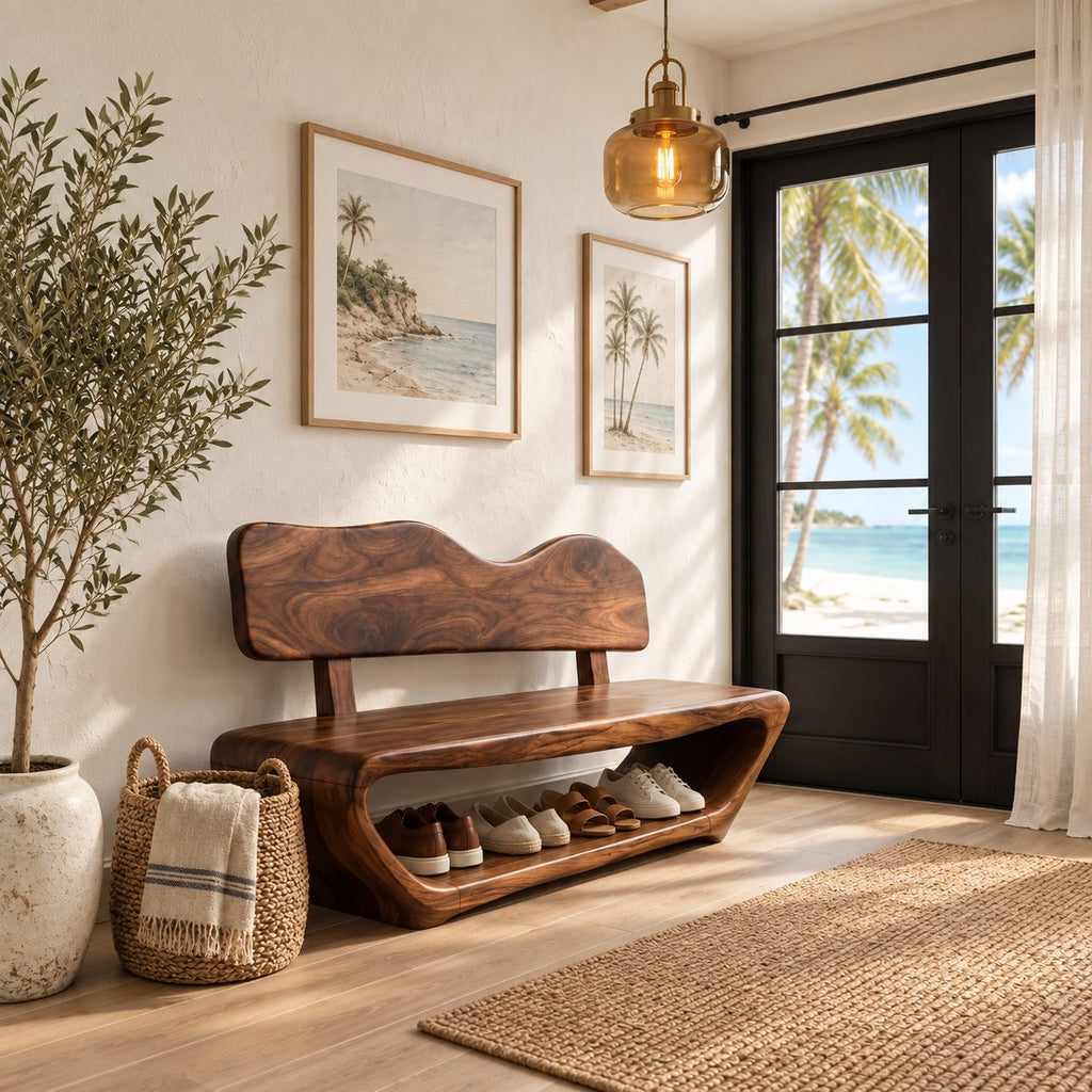 Wavy Backrest Shoe Bench, Sculpted Solid Wood Entryway Bench with Open Shoe Tunnel Base