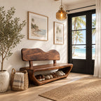 Wavy Backrest Shoe Bench, Sculpted Solid Wood Entryway Bench with Open Shoe Tunnel Base