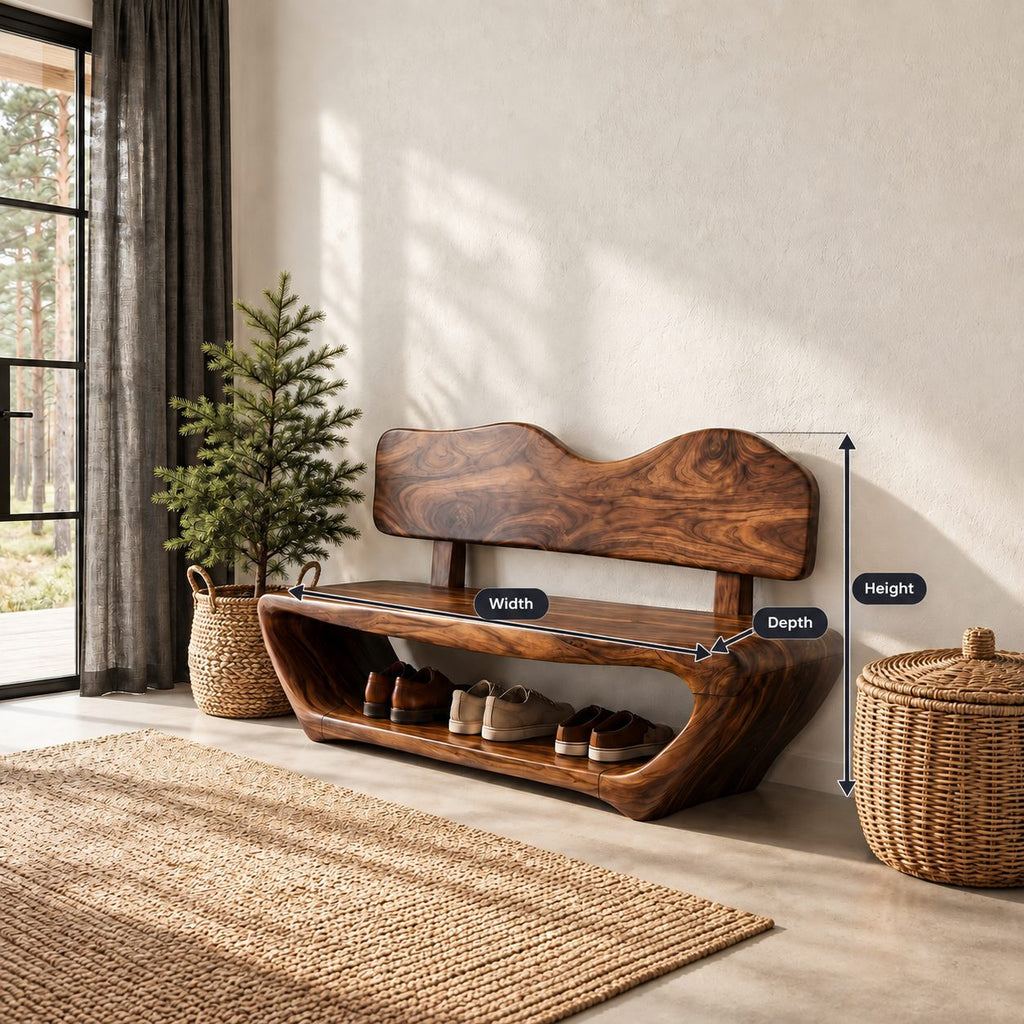 Wavy Backrest Shoe Bench, Sculpted Solid Wood Entryway Bench with Open Shoe Tunnel Base