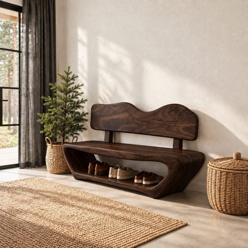 Wavy Backrest Shoe Bench, Sculpted Solid Wood Entryway Bench with Open Shoe Tunnel Base