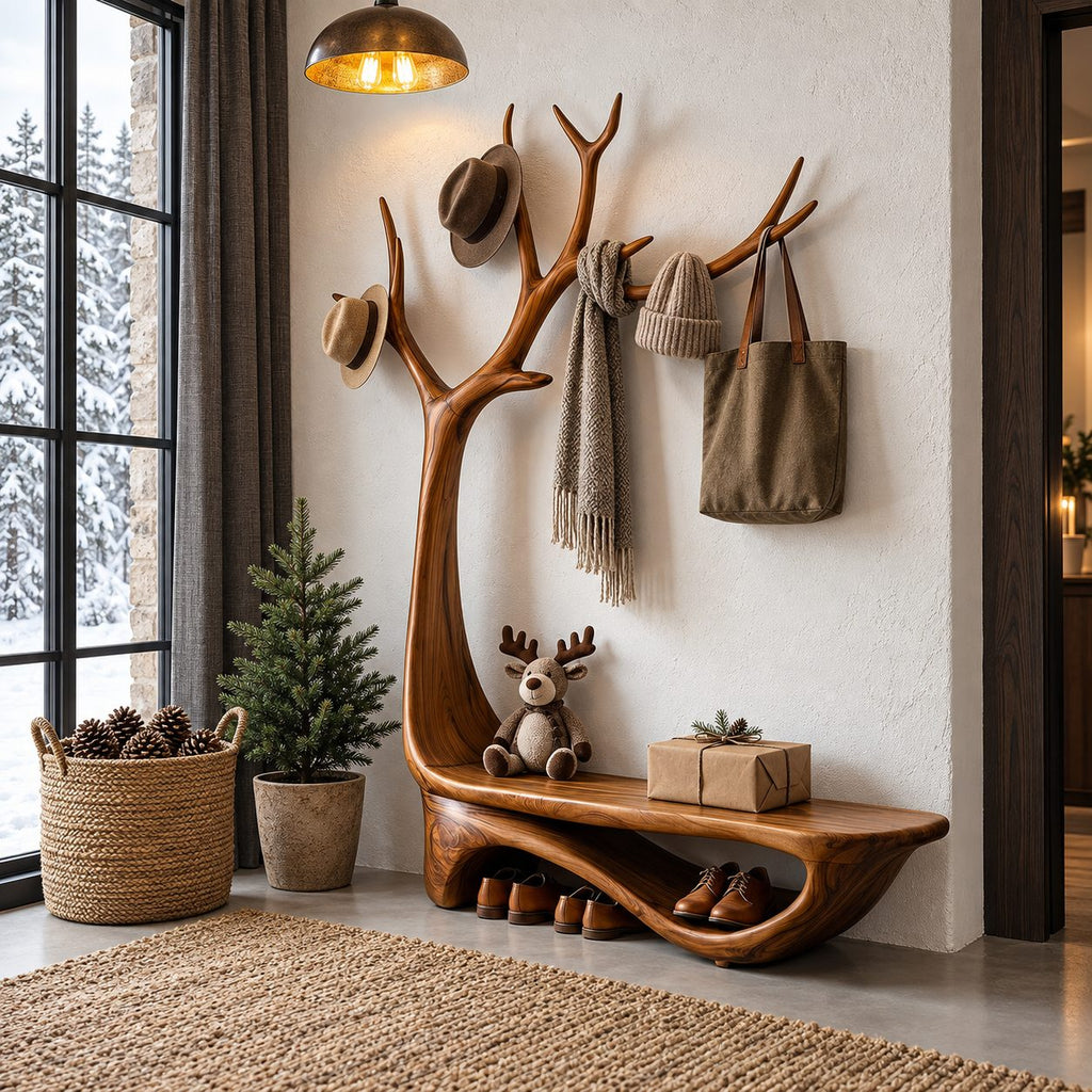 Antler Tree Hall Tree with Curved Shoe Bench, Wall Mounted Solid Wood Entryway Coat Rack