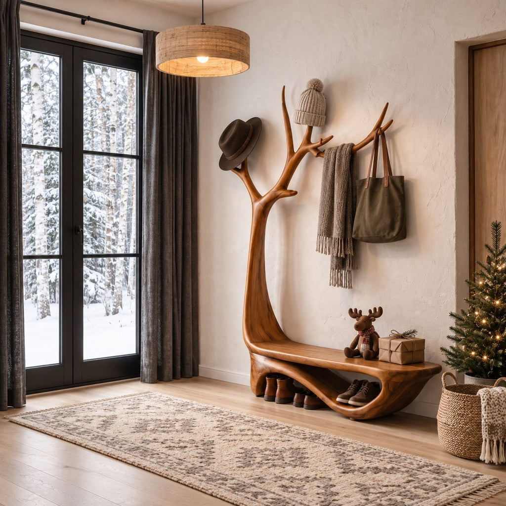 Antler Tree Hall Tree with Curved Shoe Bench, Wall Mounted Solid Wood Entryway Coat Rack