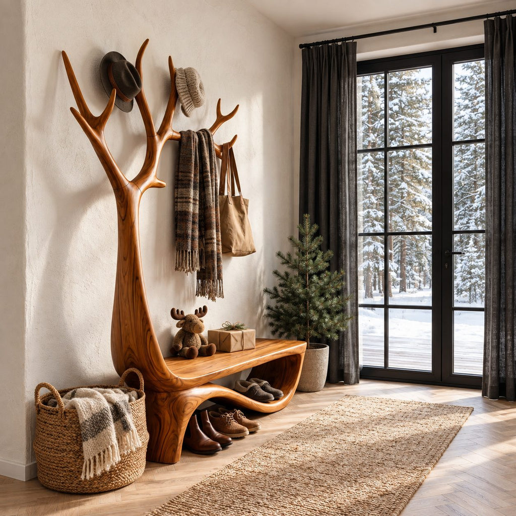 Antler Tree Hall Tree with Curved Shoe Bench, Wall Mounted Solid Wood Entryway Coat Rack
