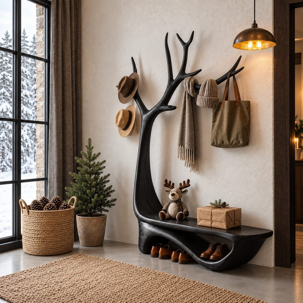 Antler Tree Hall Tree with Curved Shoe Bench, Wall Mounted Solid Wood Entryway Coat Rack
