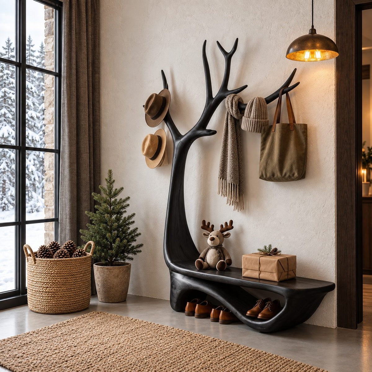 Antler Tree Hall Tree with Curved Shoe Bench, Wall Mounted Solid Wood Entryway Coat Rack