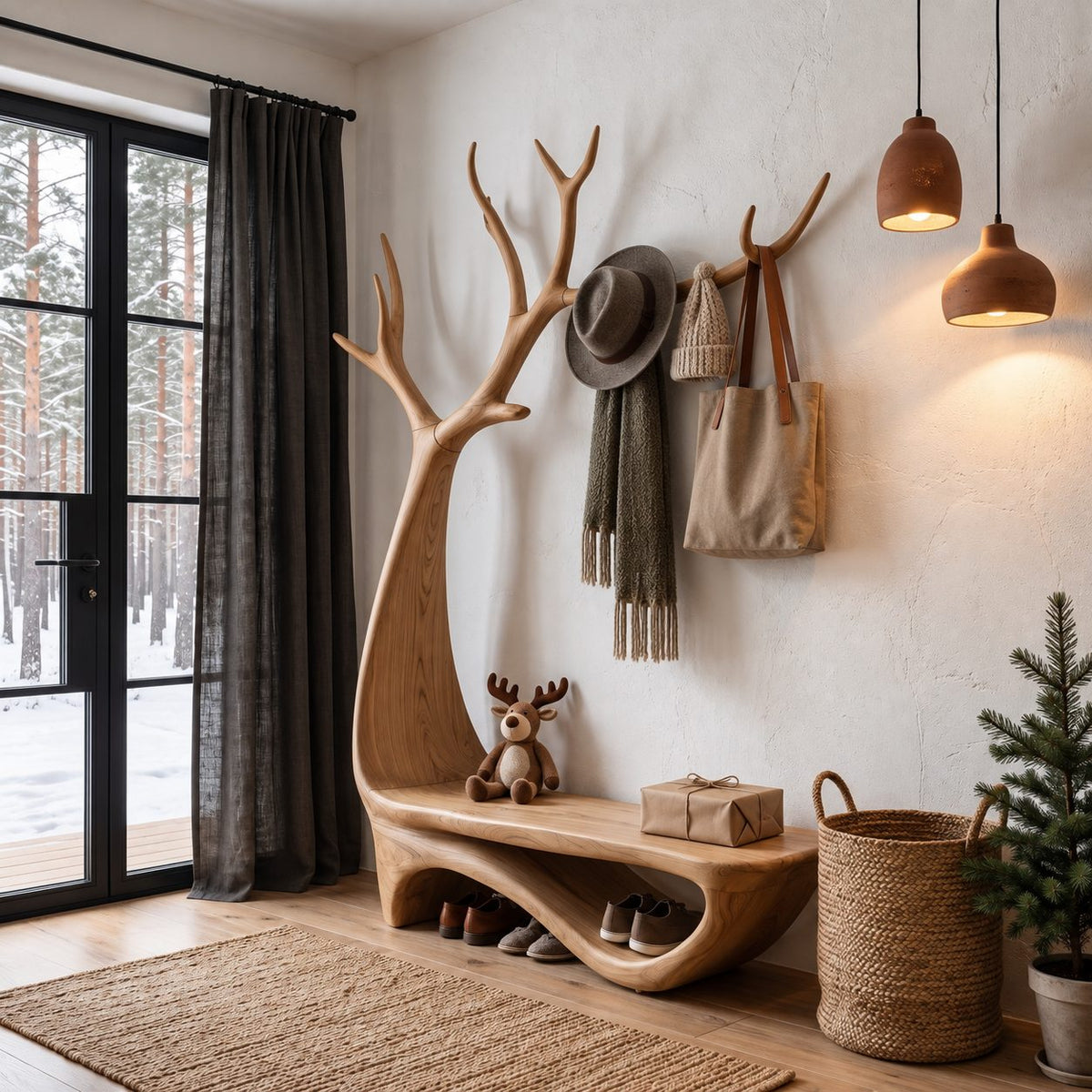 Antler Tree Hall Tree with Curved Shoe Bench, Wall Mounted Solid Wood Entryway Coat Rack