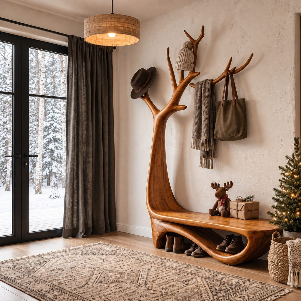 Antler Tree Hall Tree with Curved Shoe Bench, Wall Mounted Solid Wood Entryway Coat Rack