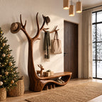 Antler Tree Hall Tree with Curved Shoe Bench, Wall Mounted Solid Wood Entryway Coat Rack