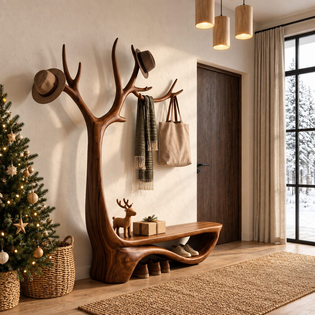 Antler Tree Hall Tree with Curved Shoe Bench, Wall Mounted Solid Wood Entryway Coat Rack