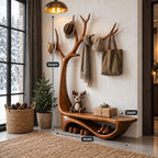 Antler Tree Hall Tree with Curved Shoe Bench, Wall Mounted Solid Wood Entryway Coat Rack