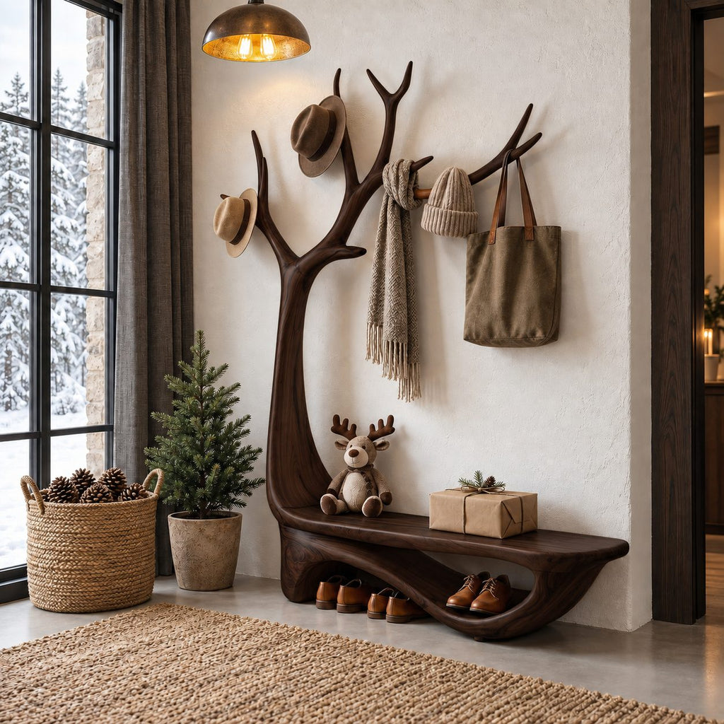 Antler Tree Hall Tree with Curved Shoe Bench, Wall Mounted Solid Wood Entryway Coat Rack