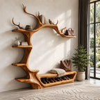 Antler Arch Hall Tree with Shoe Bench and Side Shelves, Sculpted Solid Wood Entryway Wall Organizer