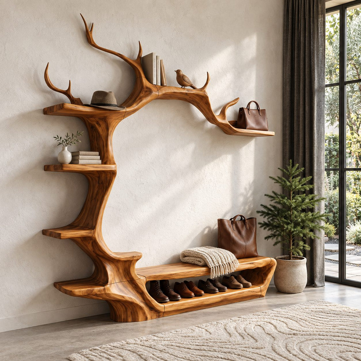 Antler Arch Hall Tree with Shoe Bench and Side Shelves, Sculpted Solid Wood Entryway Wall Organizer
