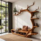 Antler Arch Hall Tree with Shoe Bench and Side Shelves, Sculpted Solid Wood Entryway Wall Organizer