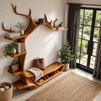 Antler Arch Hall Tree with Shoe Bench and Side Shelves, Sculpted Solid Wood Entryway Wall Organizer