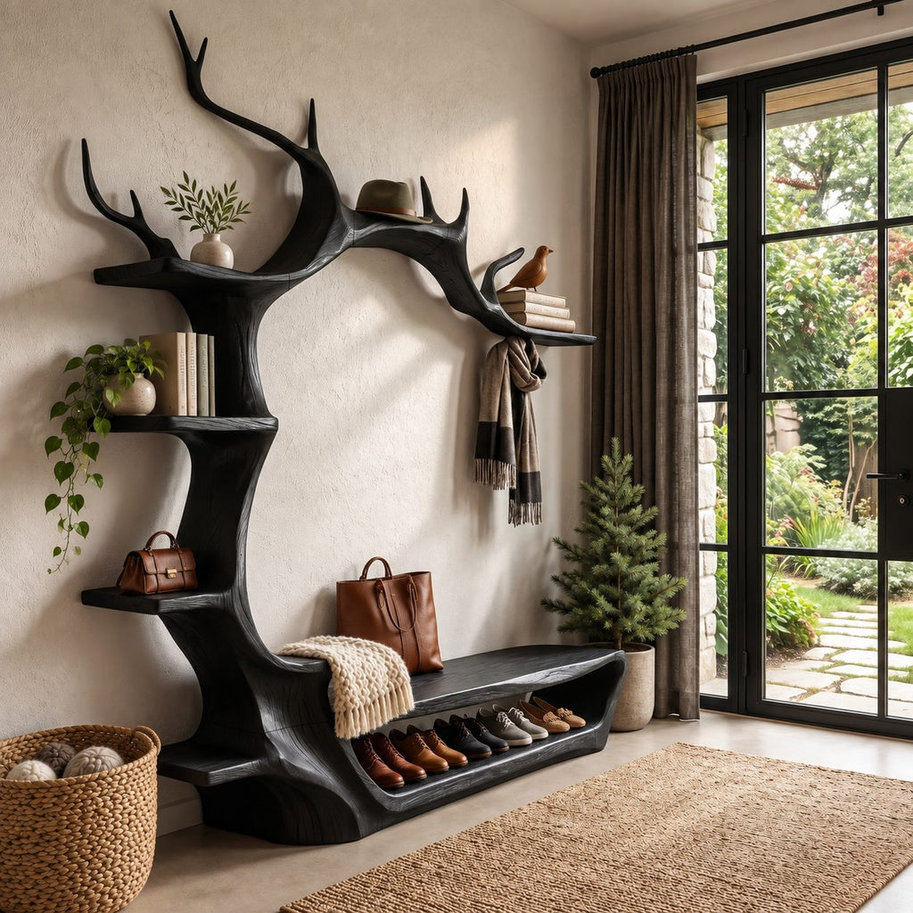 Antler Arch Hall Tree with Shoe Bench and Side Shelves, Sculpted Solid Wood Entryway Wall Organizer