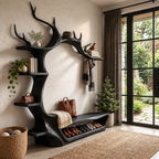 Antler Arch Hall Tree with Shoe Bench and Side Shelves, Sculpted Solid Wood Entryway Wall Organizer